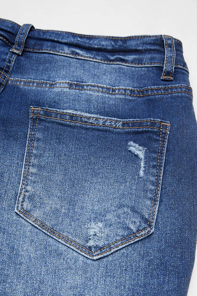 Ripped Raw Hem High Rise Denim Bermuda Shorts