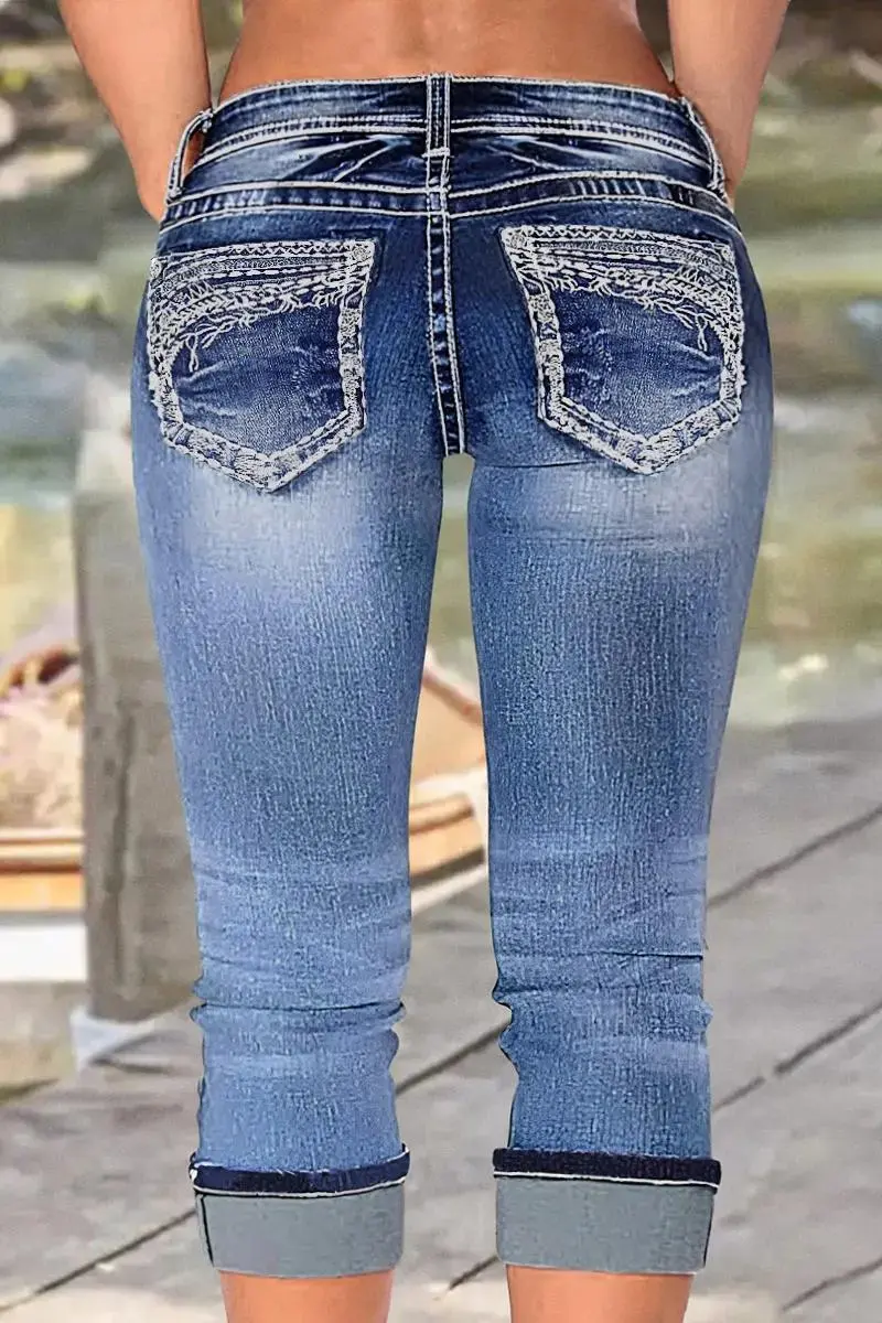 Embroidery Roll Hem Wash High Stretch Low Rise Capri Jeans