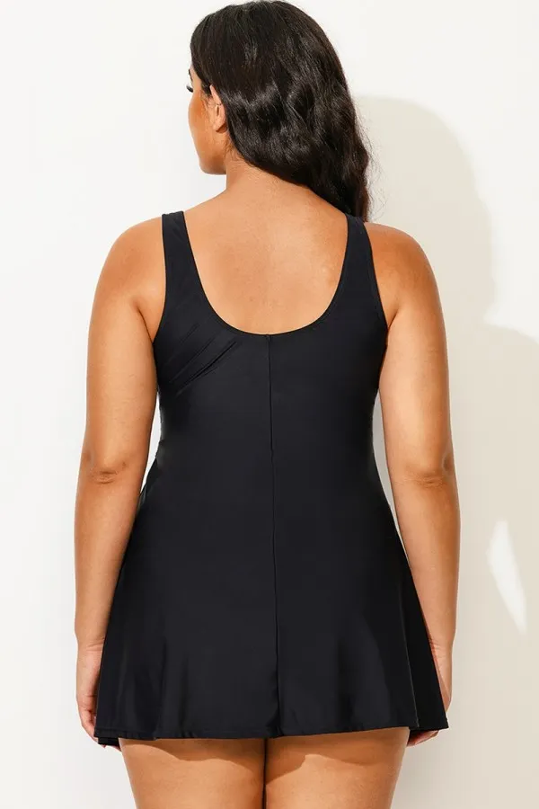 Plus Size Black & White V-Neck Colorblock Fit Swimdress