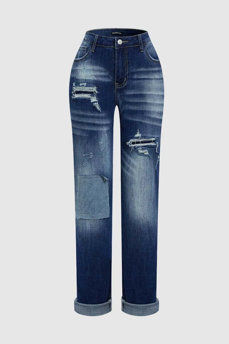 Cut Out Roll Hem High Waist Straight Leg Jeans