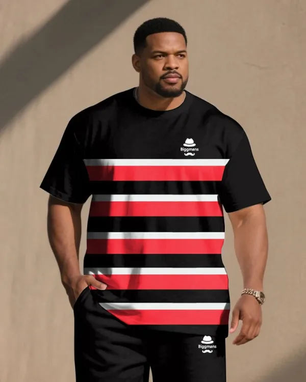 Big & Tall Men's Striped Color-Matching Short-Sleeved T-Shirt And Shorts Suit