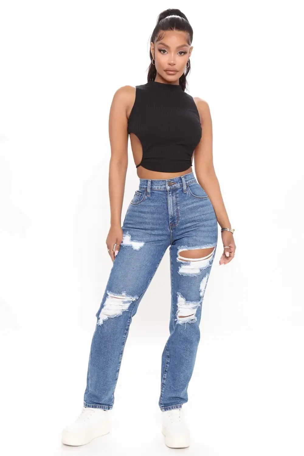 Because I Said So Destroyed Mom Jeans - Medium Blue Wash
