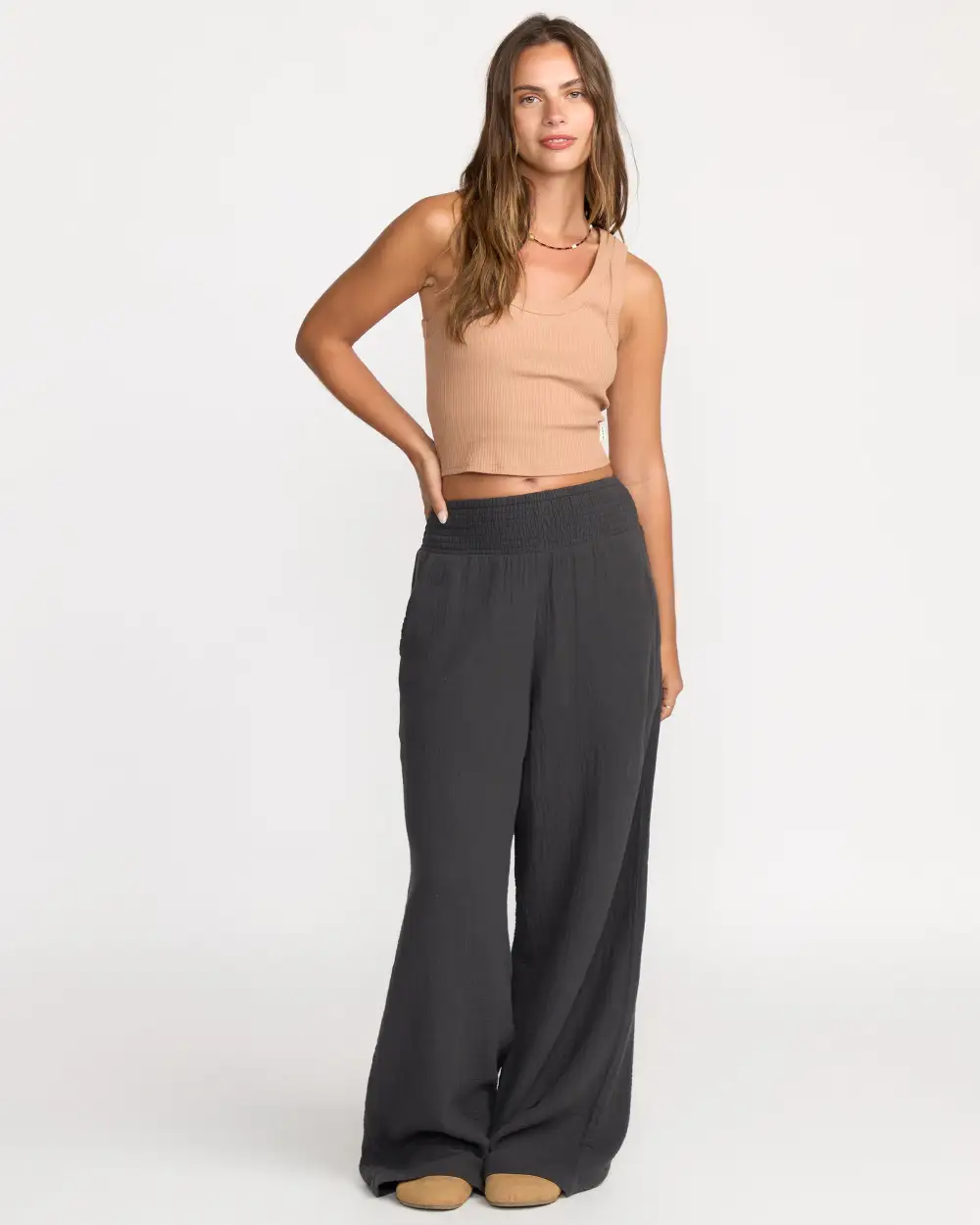 New Waves Gauze Elastic Waist Pants - Black Sands