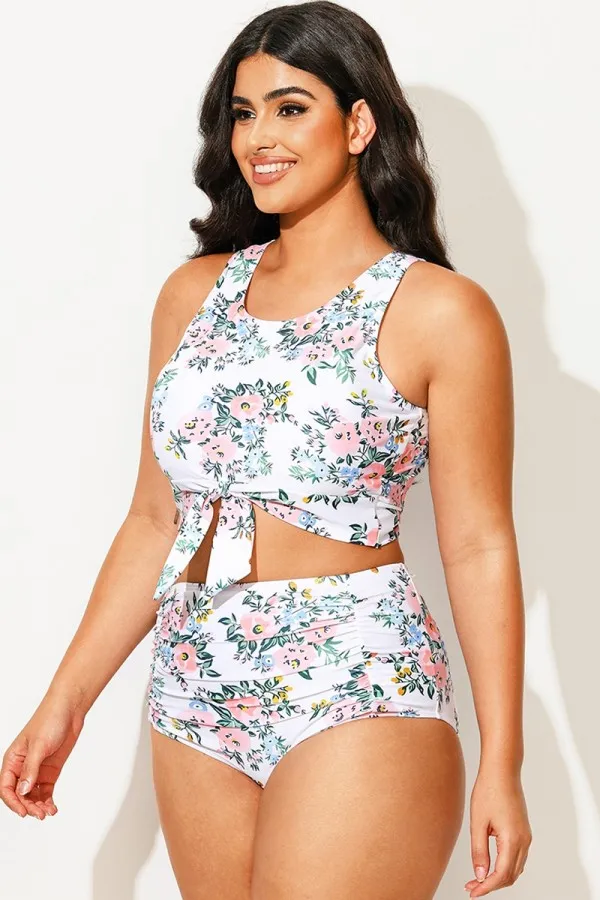 Plus Size Floral Print Knotted Crop Bikini Top