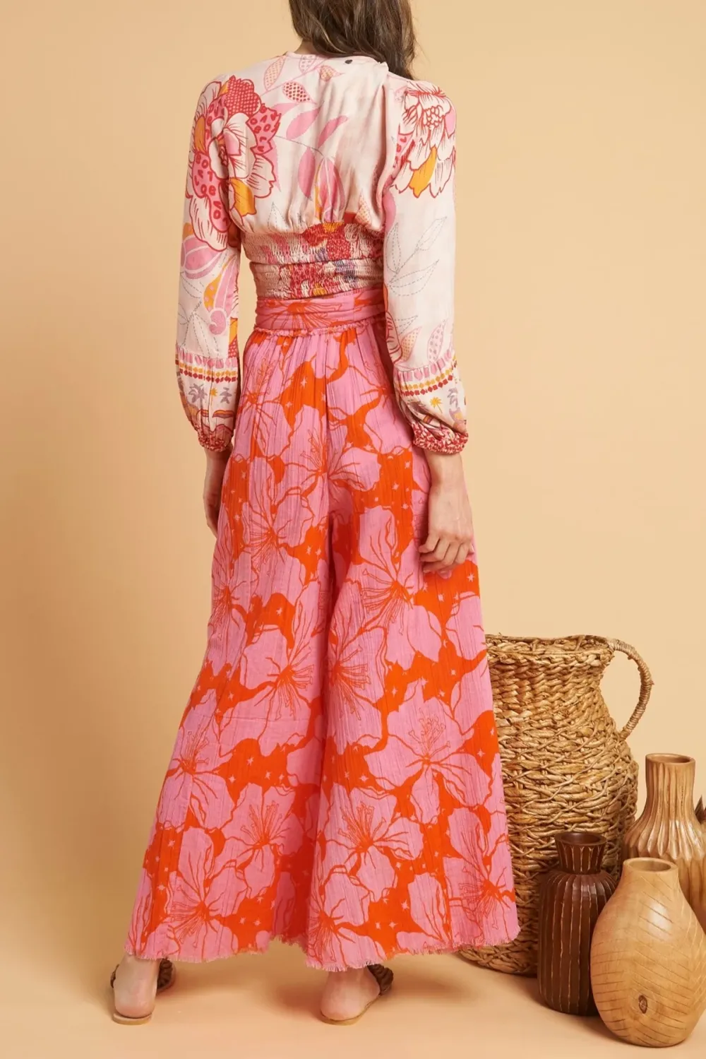 Pink And Orange Floral Print Wide Leg Pants