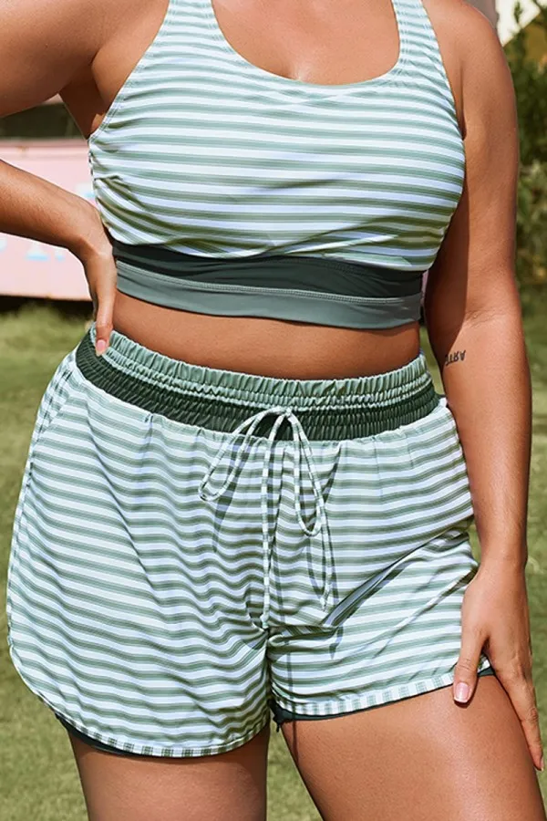 Plus Size Green Striped Mid Waist Women Shorts