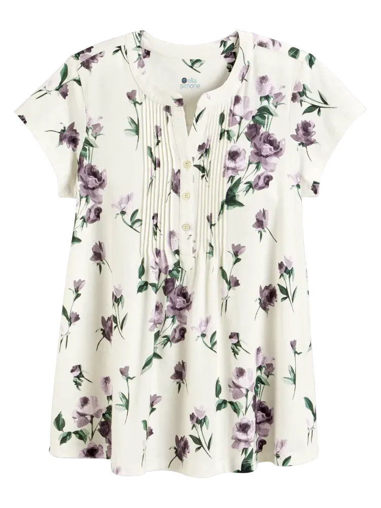 Ella Simone Short-Sleeve Floral Pintuck Knit Cotton and Modal Tunic