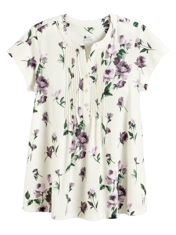 Ella Simone Short-Sleeve Floral Pintuck Knit Cotton and Modal Tunic