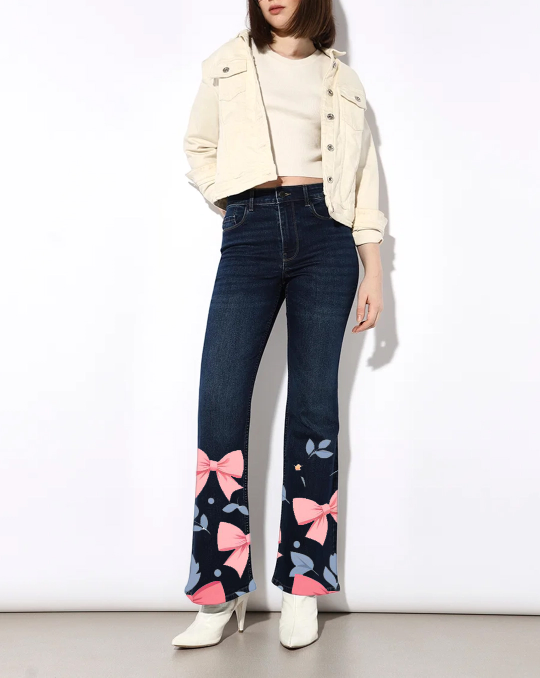 Dark Blue High Rise Flared Bow Print Jeans