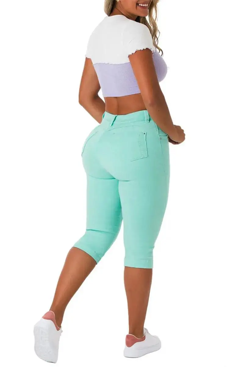 Solid Stretchy Button Fly High Waist Capri Jeans