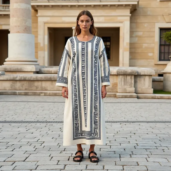 Vintage Greek Key Crew Neck Linen Mixi Dress