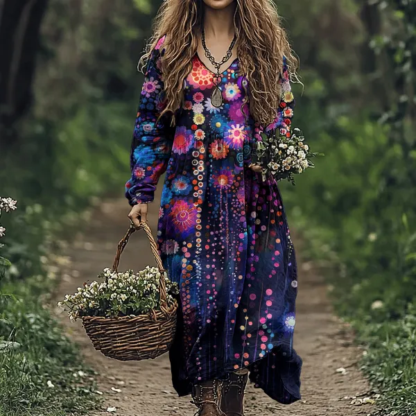 Vintage Women's Floral Art Linen V Neck Dress