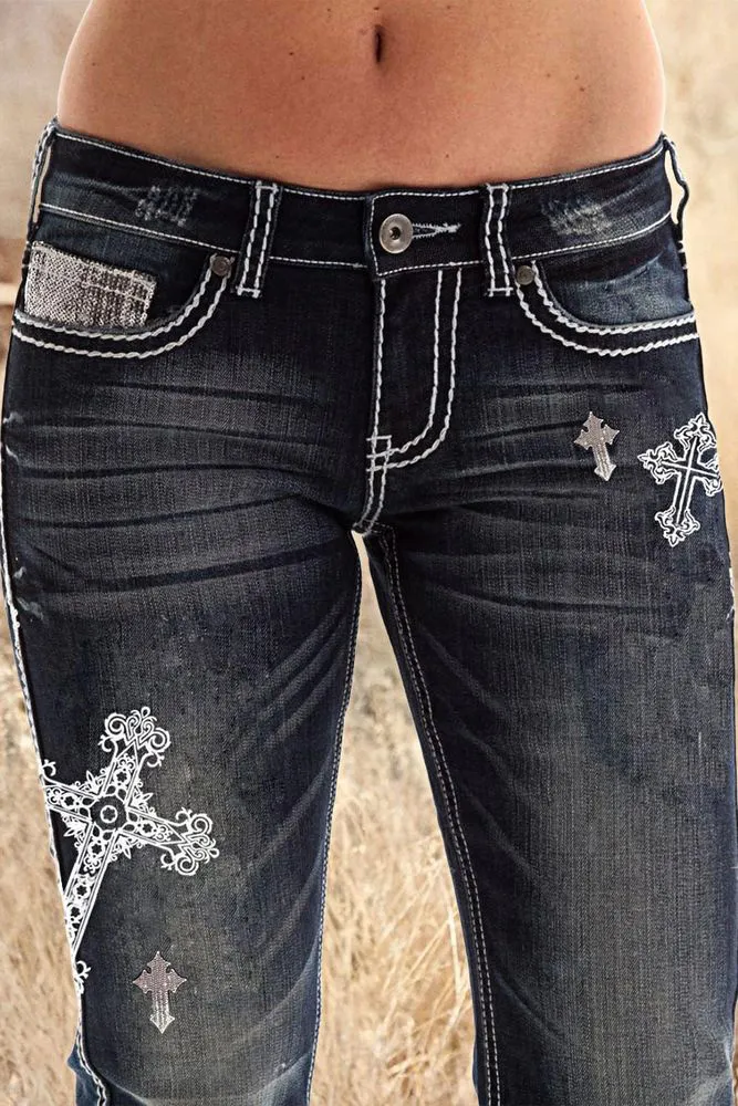 Wash Cross Embroidery Low Rise Bootcut Jeans
