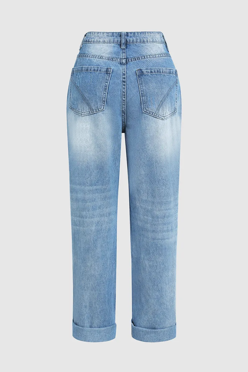 Wash Ripped Button Fly Low Waist Straight Leg Jeans