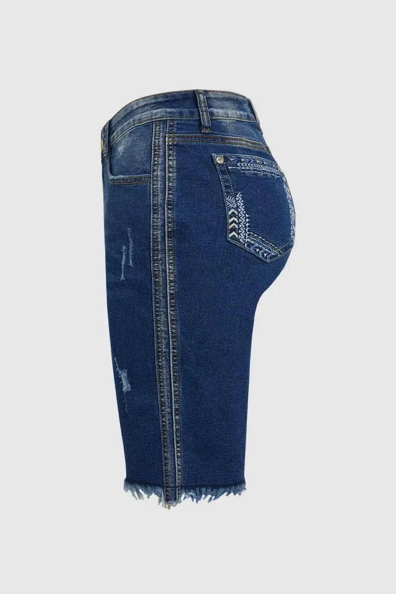 Raw Hem Embroidered Pocket High Waist Denim Mid Thigh Shorts