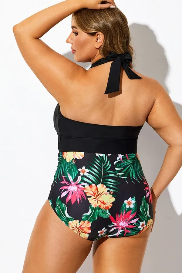 Tropical Floral Print Spliced Halter One Piece Swimsuit