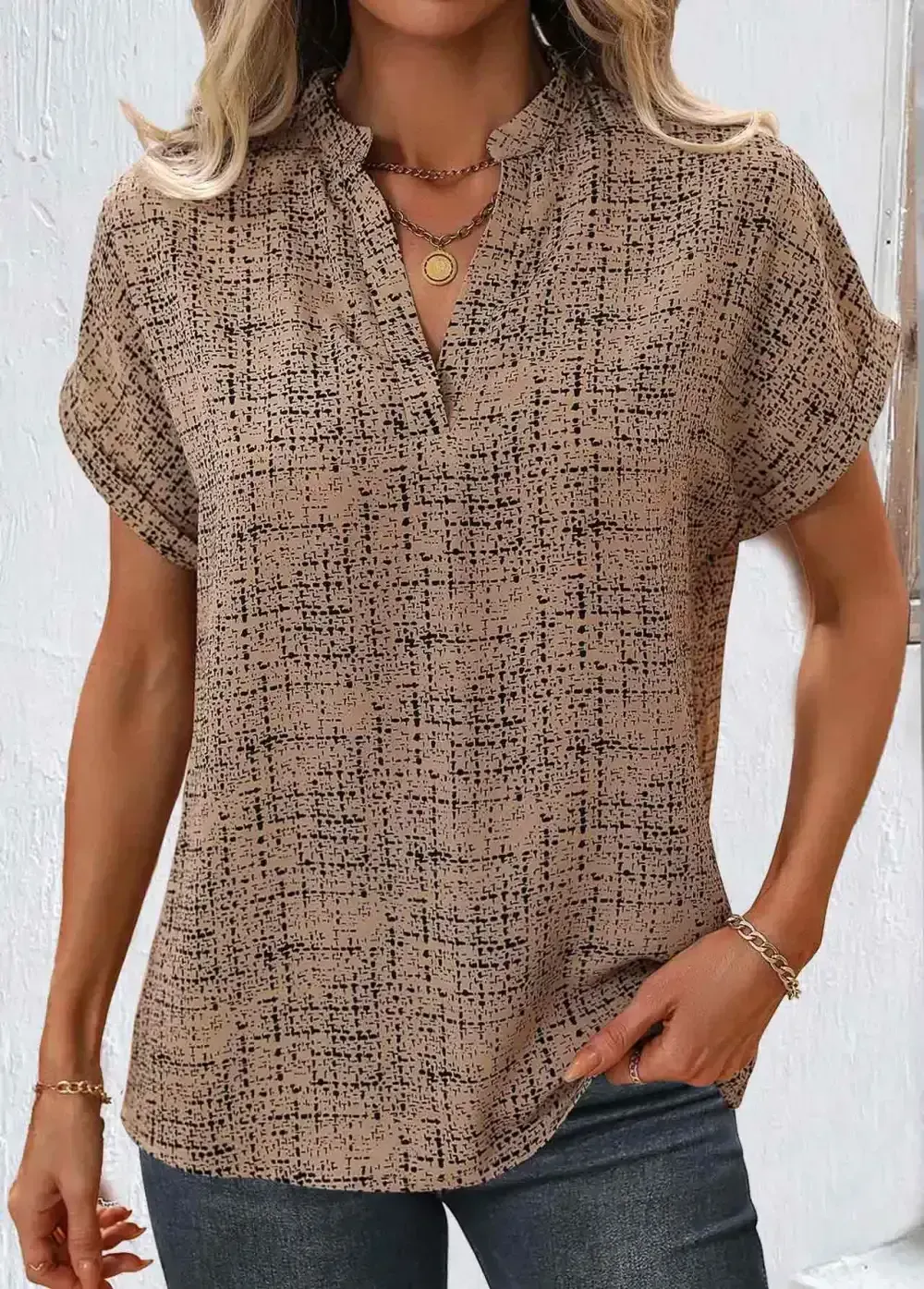 Sage Green Split Geometric Print Short Sleeve Blouse