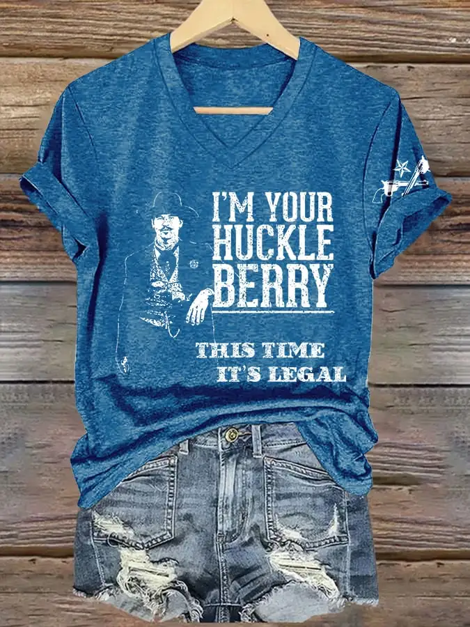 V-Neck Retro I'm Your Huckleberry This Time It's Legal Print T-Shirt