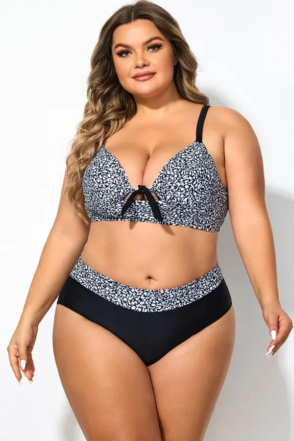 Black＆White Abstract Print Tie Front Underwire Bikini Top