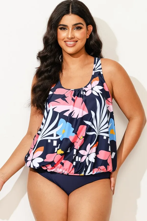 Floral Print Tummy Control Blouson Tankini Top