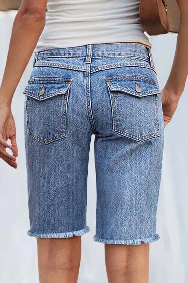 Wash Raw Hem Flap Pocket Mid Rise Straight Leg Denim Bermuda Shorts