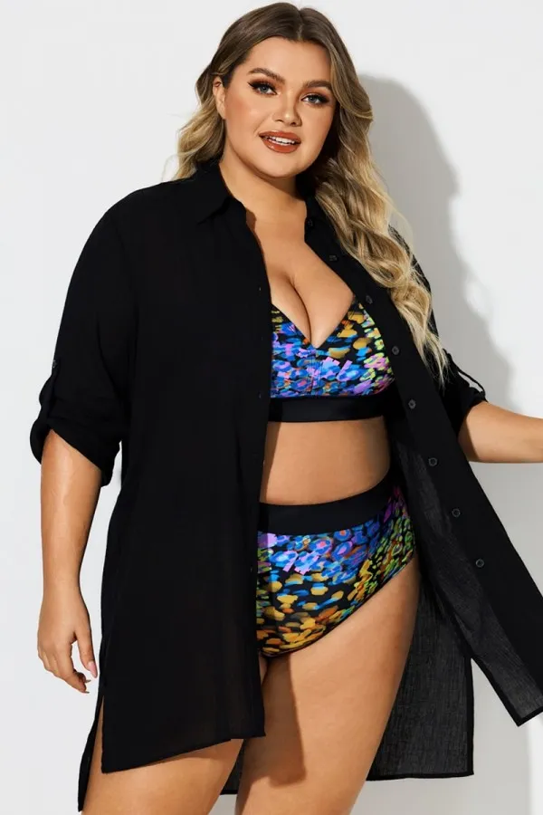 Black Button Front Swim Shirt Cover Up