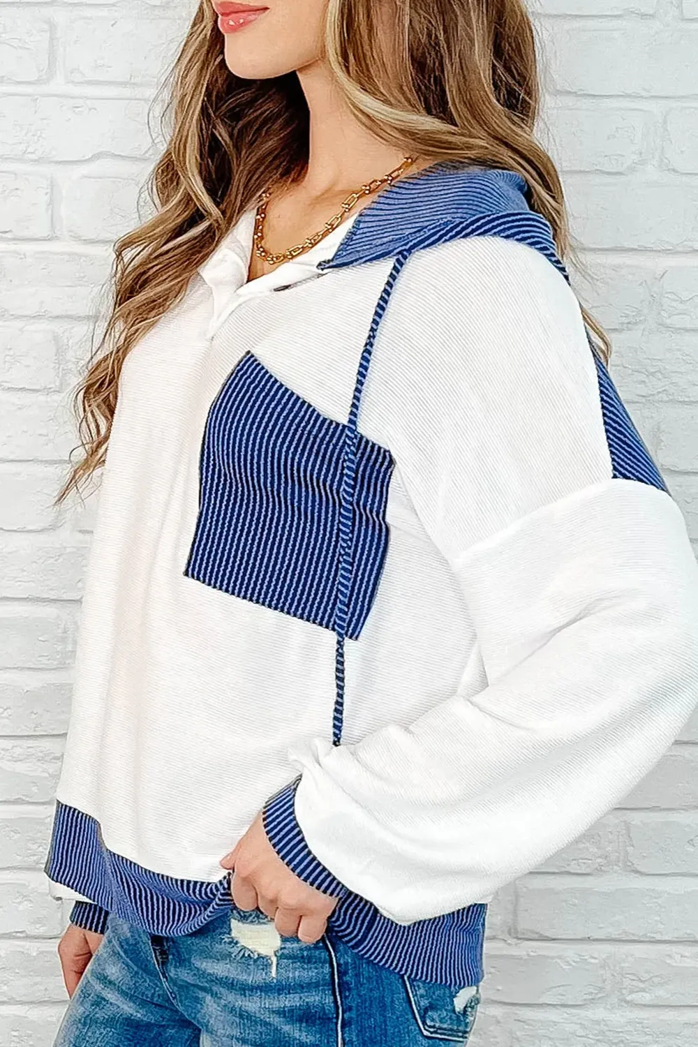 Blue Daily Personality Striped Pocket Hoodie