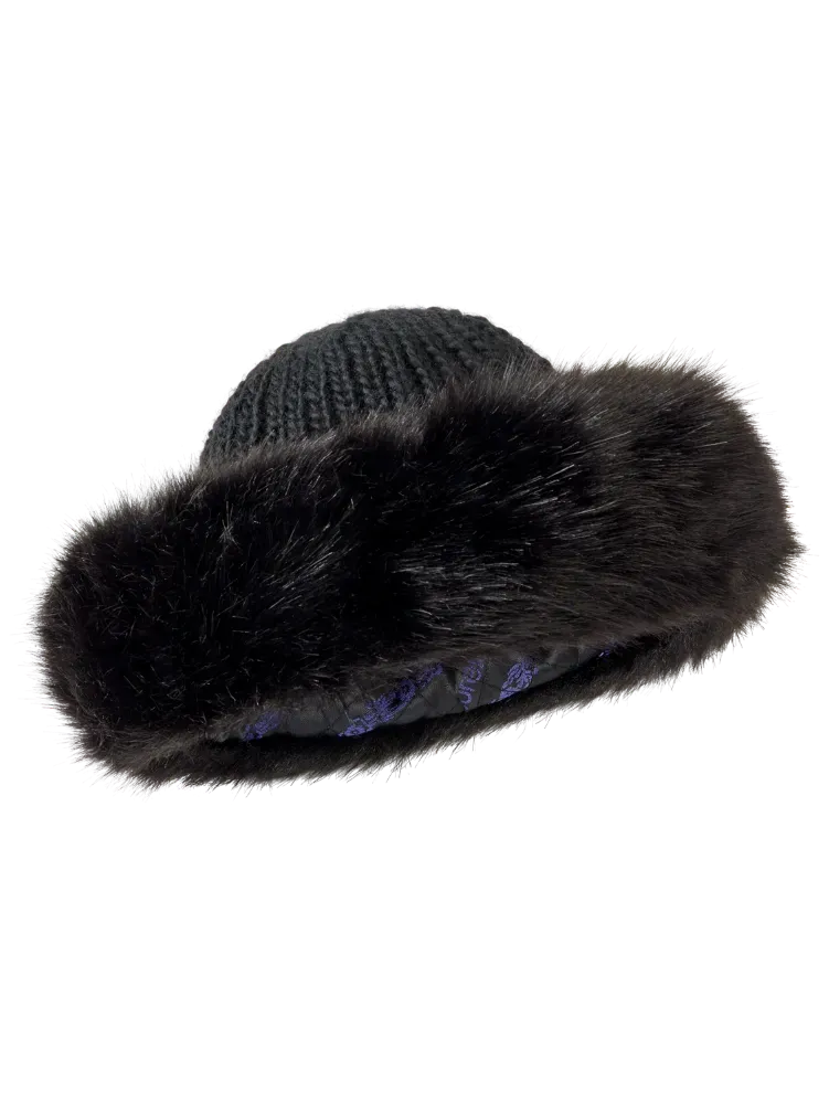 Women's Black Faux Fur Trimmed Fleece Hat