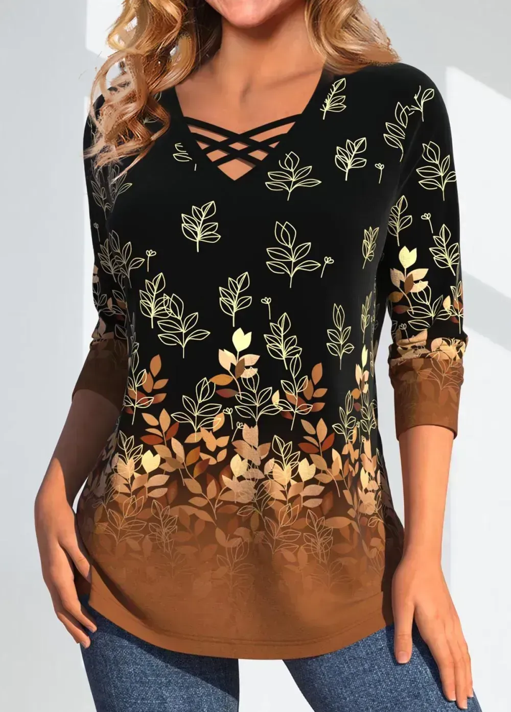 Dark Camel Criss Cross Leaf Print T Shirt