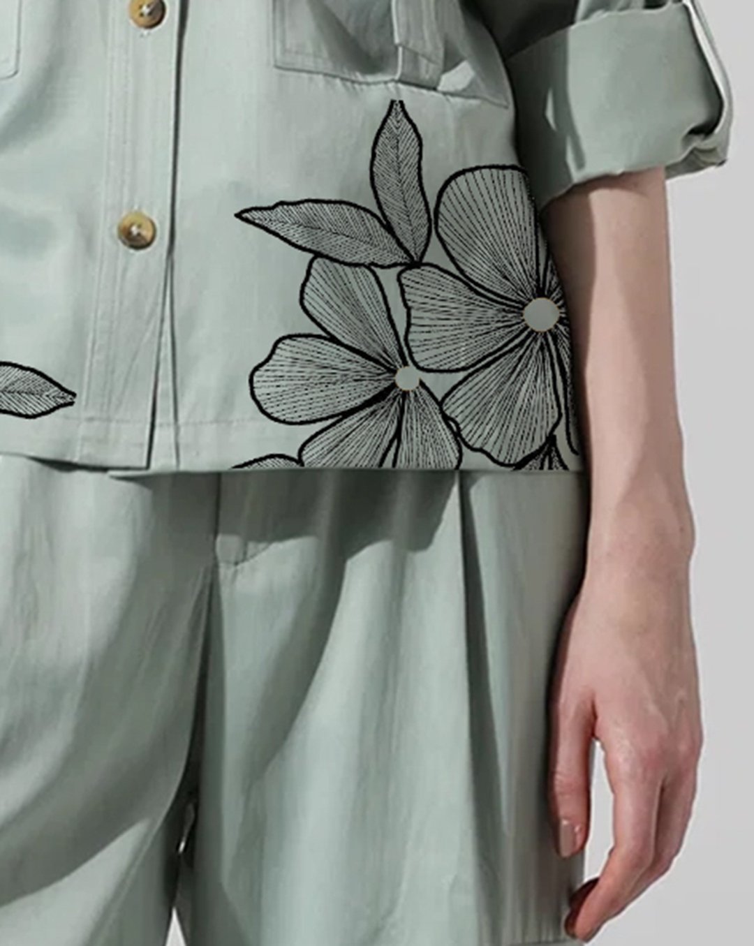 Light Green Floral Embroidered Utility Style Shirt