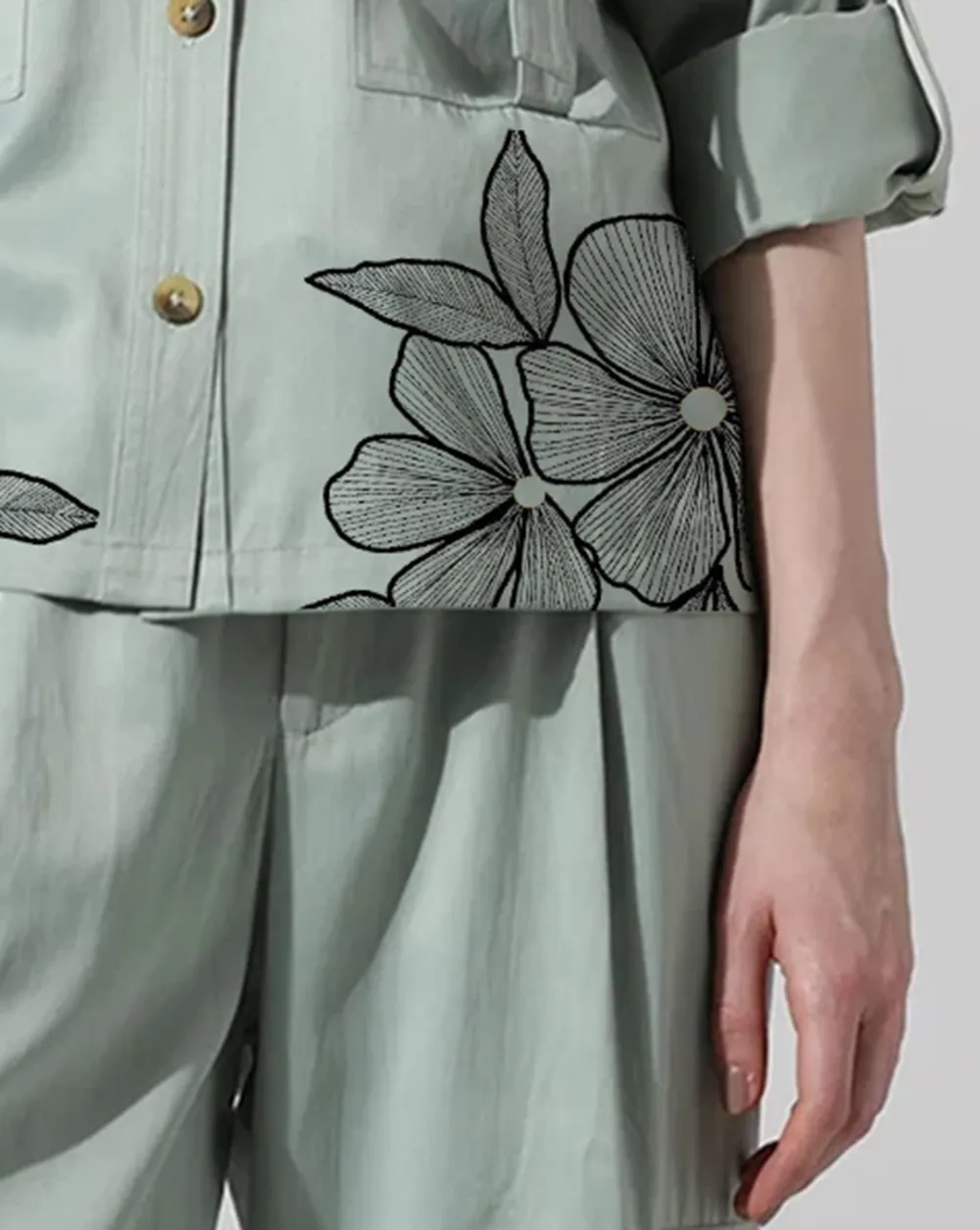 Light Green Floral Embroidered Utility Style Shirt