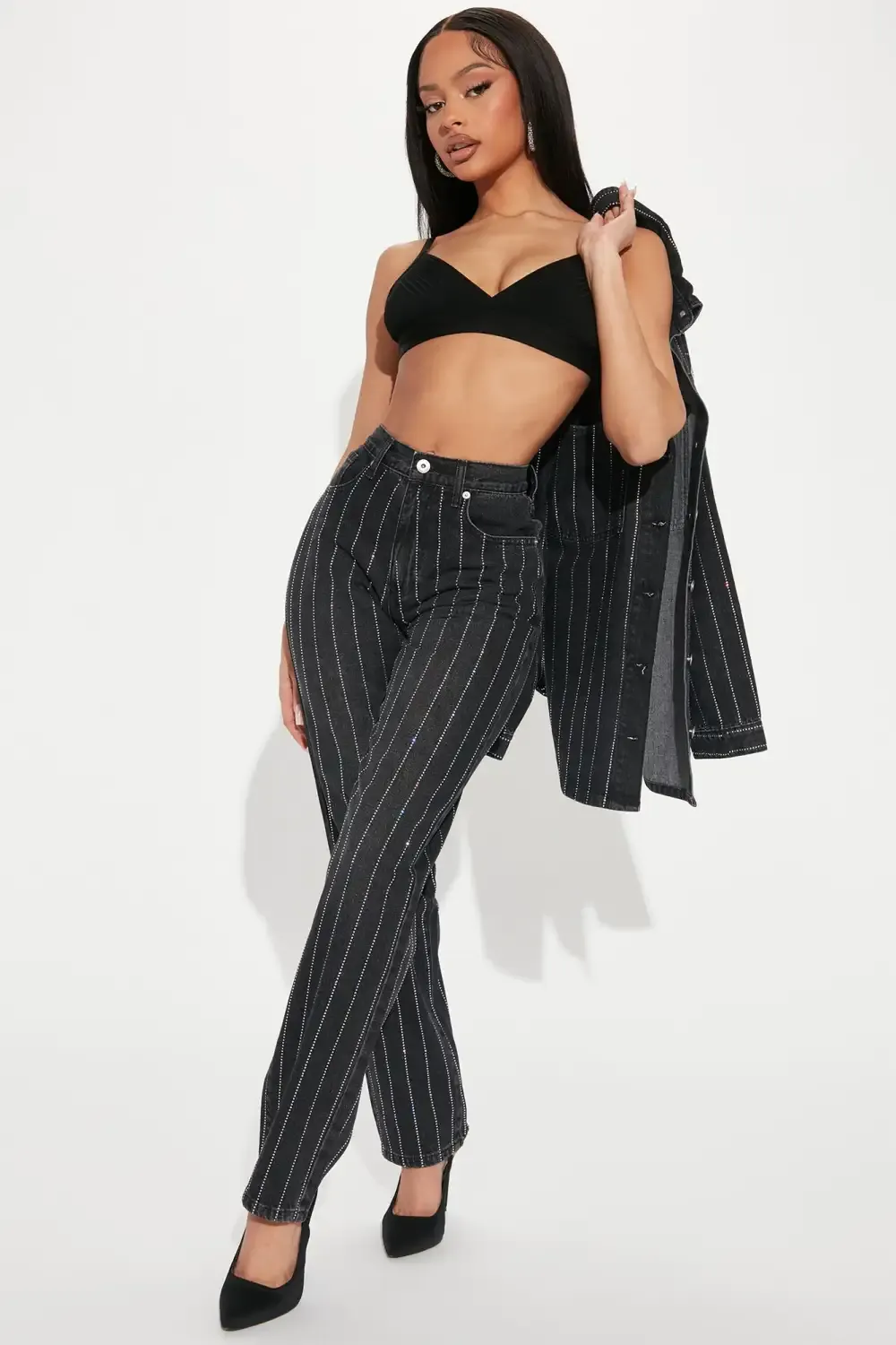 Outshine You Non Stretch Embellished Straight Leg Jeans - Black