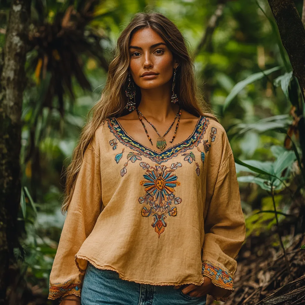 Retro Floral Tribal Embroidery Art Cotton And Linen Blend Loose Blouse