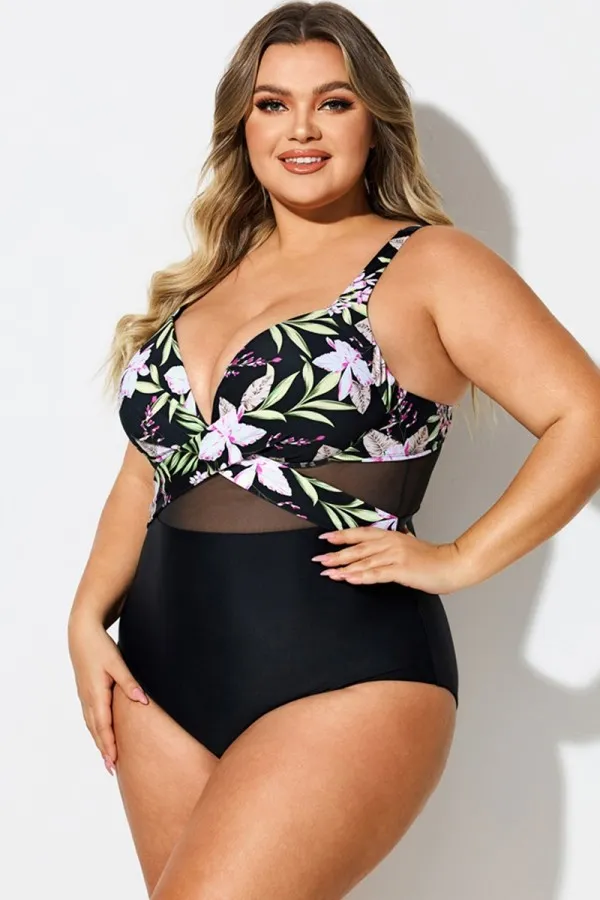 V-Neck Floral Print Wrap One Piece Swimsuit