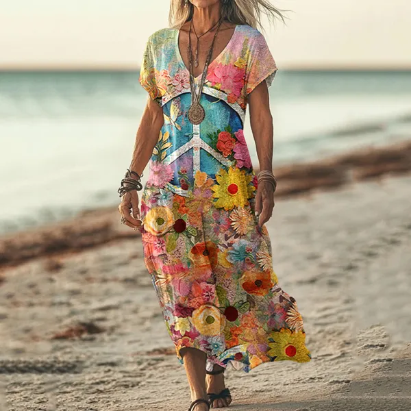 Vintage Hippie Vibe Peace And Love Hippie Floral Painting Art Pattern Linen Blend V-neck Loose Midi Dress