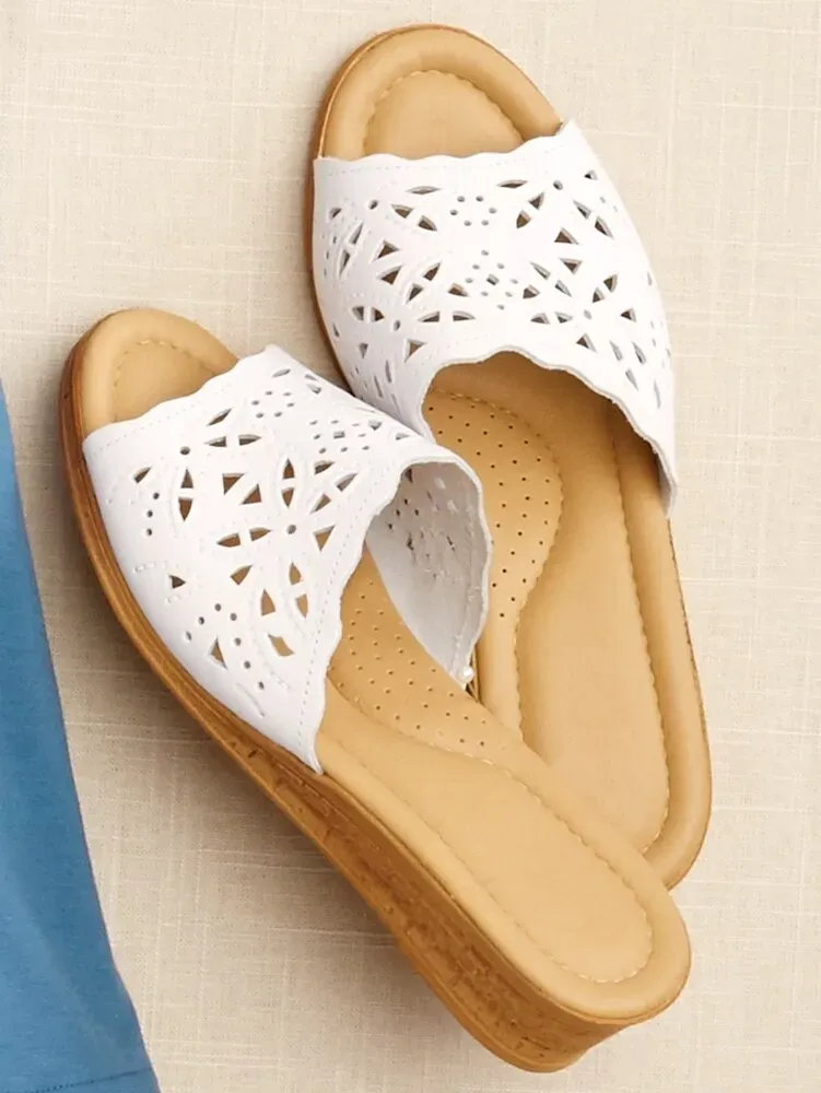 Women's Leather Cutwork Wedge Slide Sandals