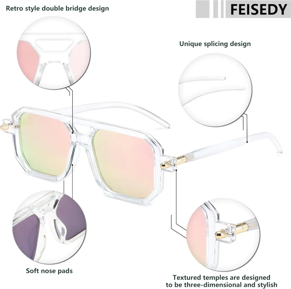 FEISEDY Vintage Square 70s Flat Aviator Sunglasses Women Men Classic Retro Stylish Frame UV400 Sunglasses B2622