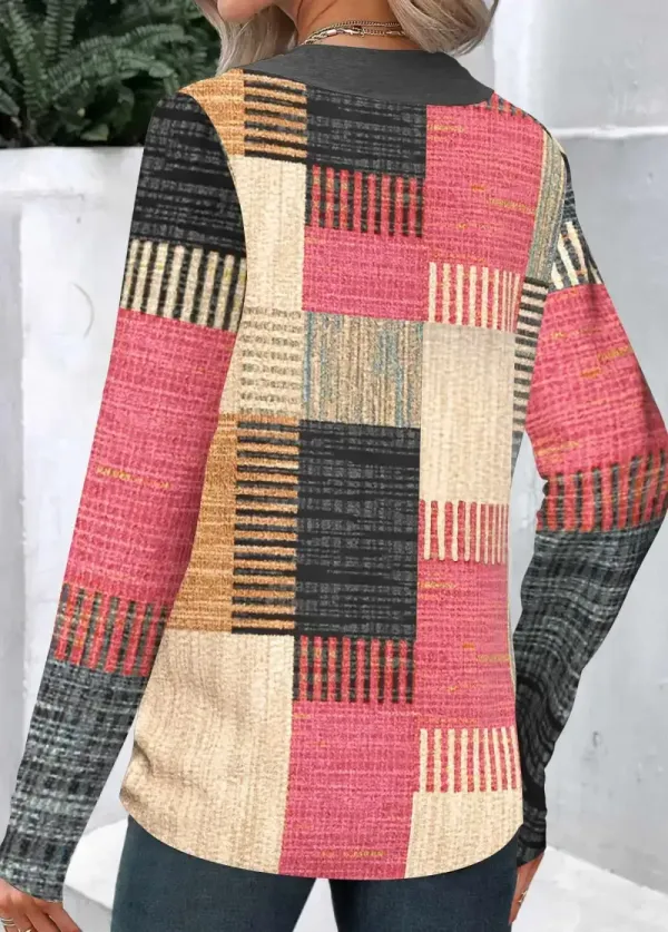 Multi Color Button Plaid Long Sleeve Asymmetrical Neck Sweatshirt