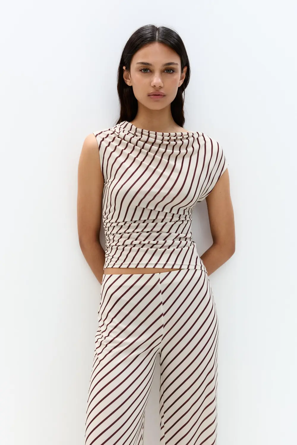 Striped top with pleats