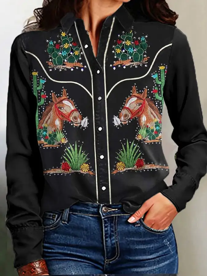 Women's Vintage Western Print Long Sleeve Shirt