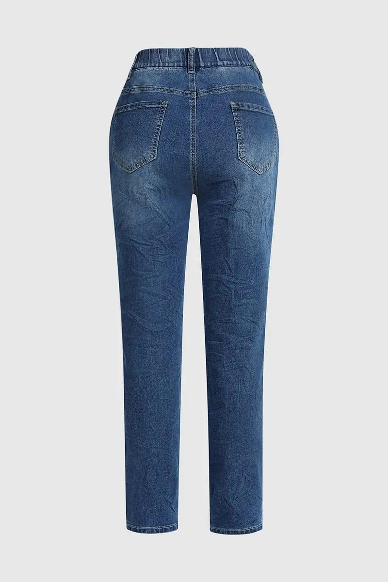 Button Fly Slant Pocket Mid Rise Straight Leg Jeans