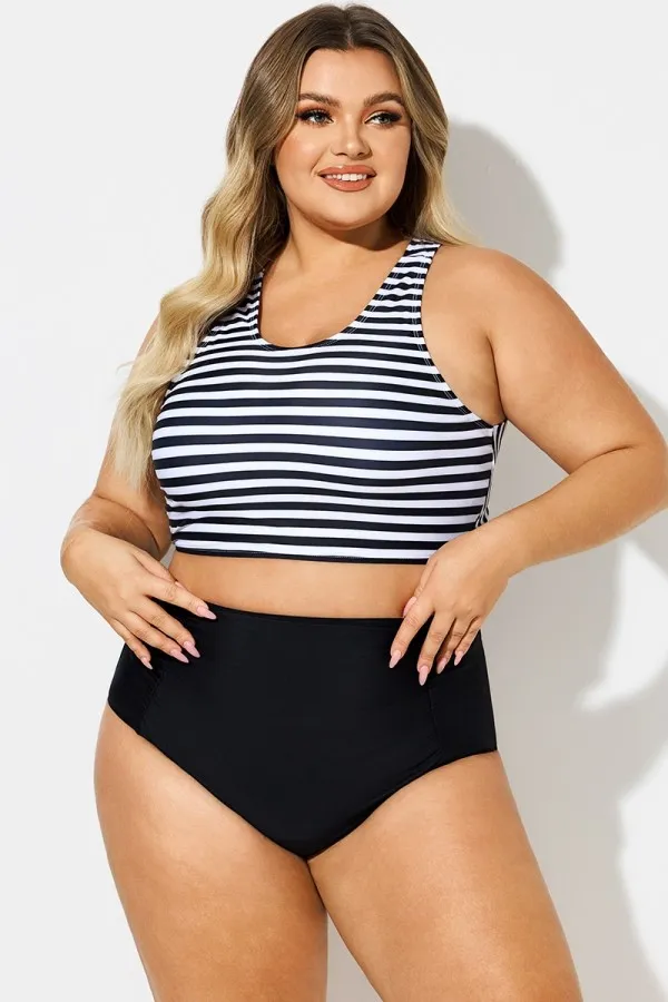 Round Neck Black & White Striped Criss Cross Bikini Top