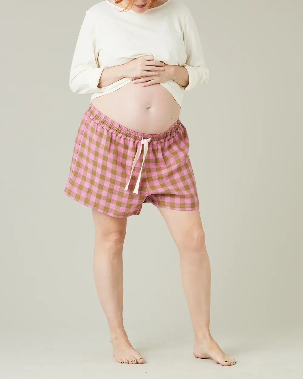 SHORTS PINK & OLIVE CHECK LINEN
