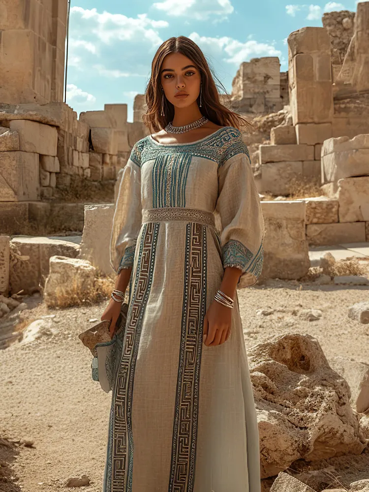 Retro Elegant Greek Key Crew Neck Linen Blend Maxi Dress