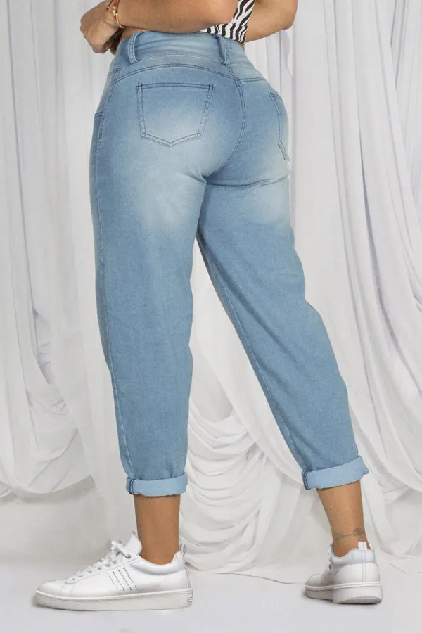 Double Button Roll Hem Low Waist Jeans
