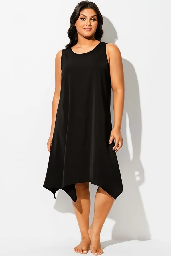 Solid Black Round Neck Sharktail Beach Cover Up
