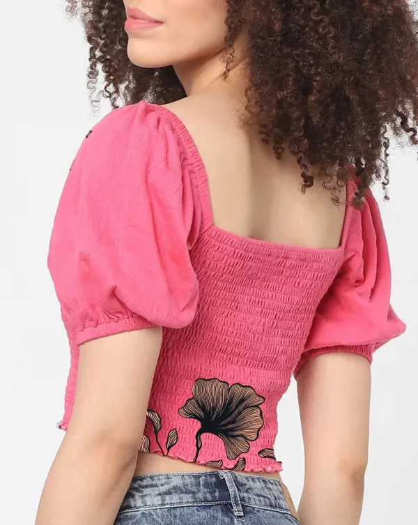 Pink Puff Sleeve Smocked Cropped Top