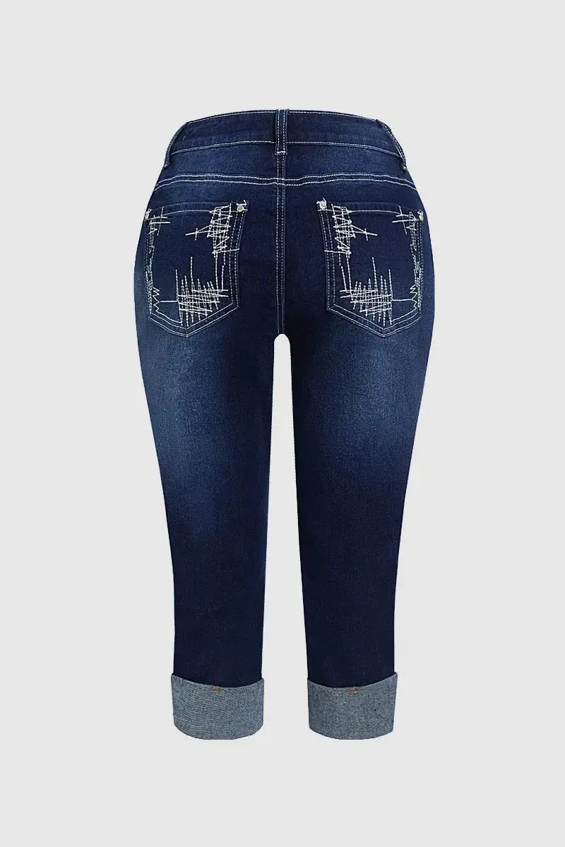 Wash Embroidery Back Roll Hem Mid Rise Capri Jeans