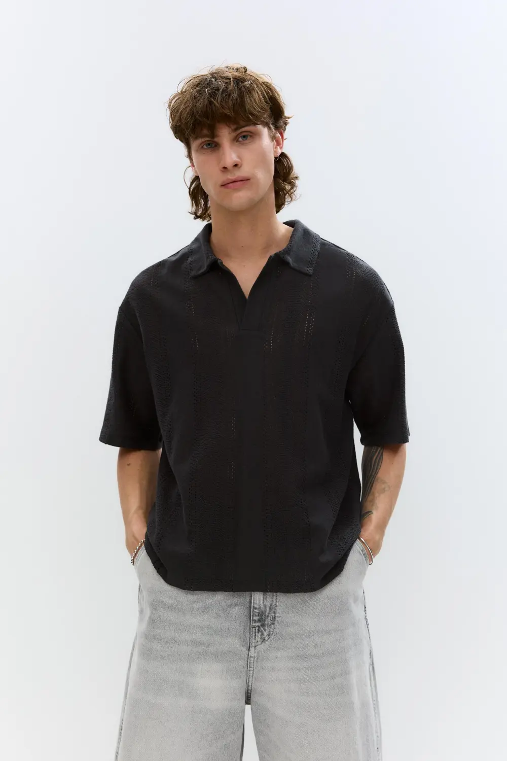 Rustic open-knit polo shirt