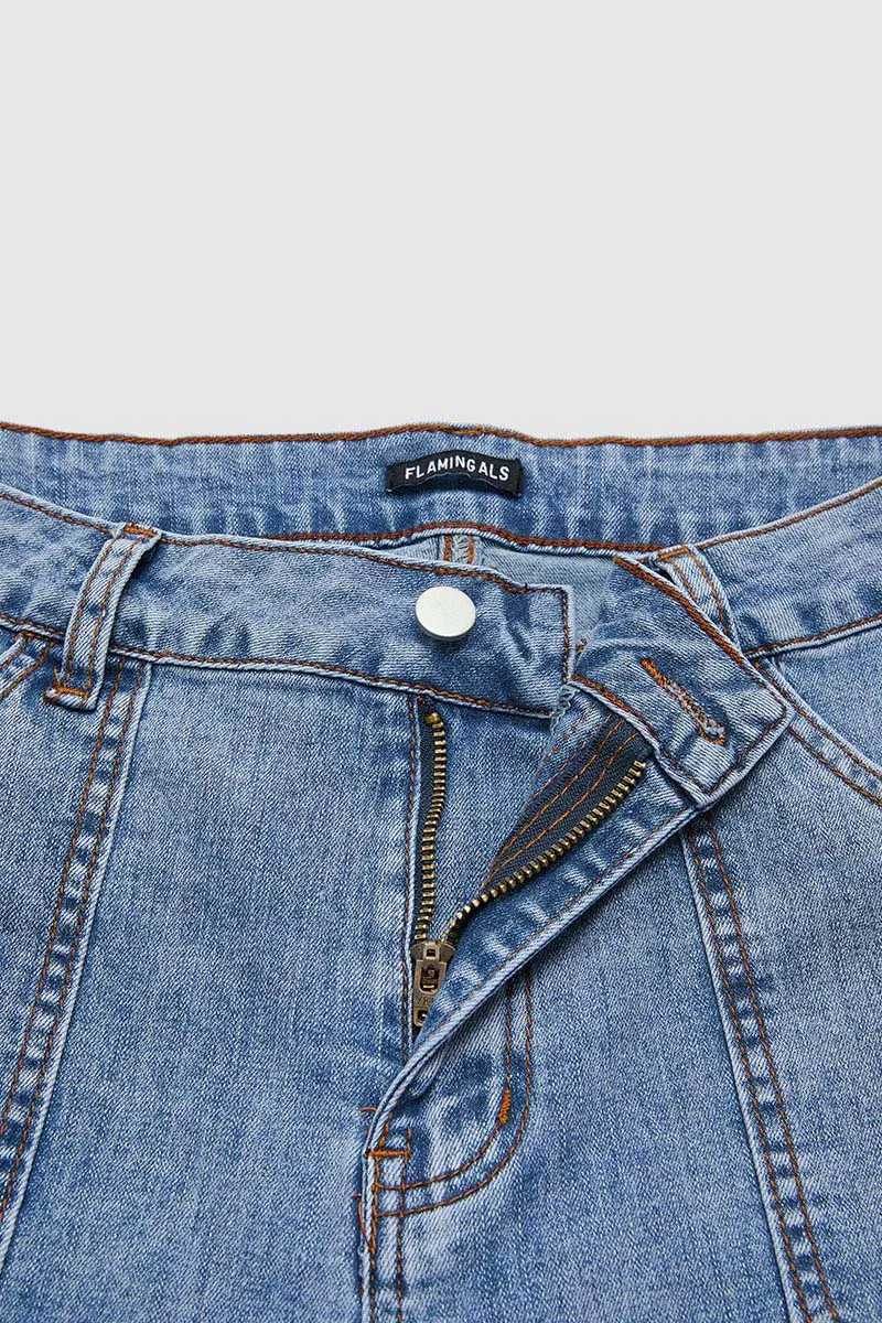 Wash Raw Hem Flap Pocket Mid Rise Straight Leg Denim Bermuda Shorts